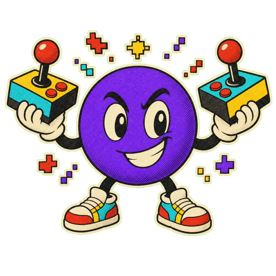 La mascota de Hackframe: un dot violeta con dos joysticks